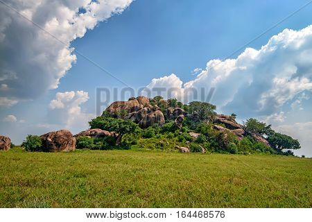 Inselberg or else monadnock amidst African savanna