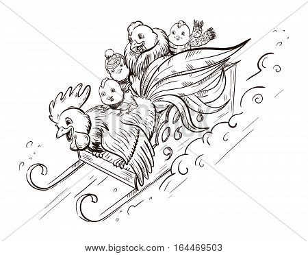 Rooster, hen and chicken roll from the mountain on a sled
