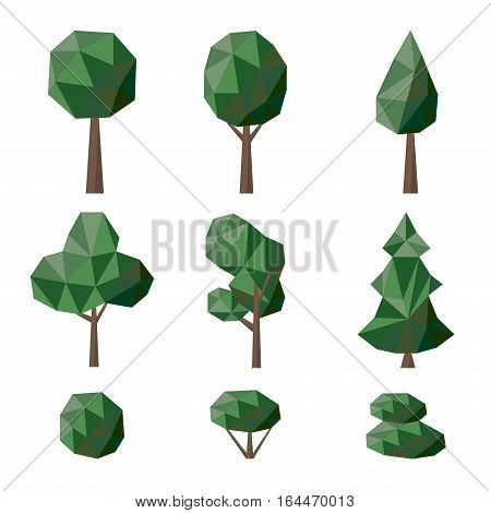 Set polygonal deciduous and coniferous trees and bushes - vector