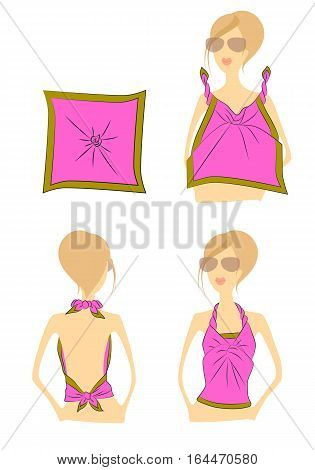 Manual step by step chart tying the handkerchief on the torso woman on white background