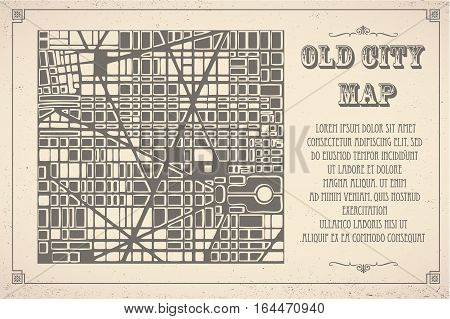 Retro map of the city. Editable vector street map of a fictional generic town. Abstract urban background.