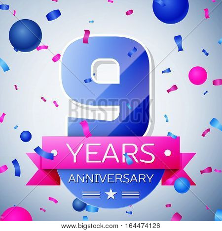 Nine years anniversary celebration on grey background. Anniversary ribbon