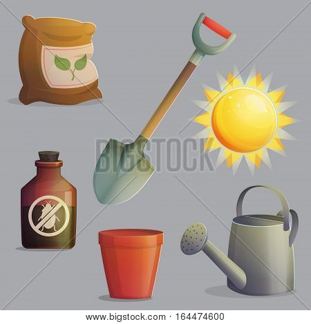 A collection of planting, gardening and agriculture equipment and accessories. Bright shining sun, spade for digging, anti-insect and fertilizer, flower pot. Game and app ui icons.