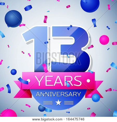 Thirteen years anniversary celebration on grey background. Anniversary ribbon