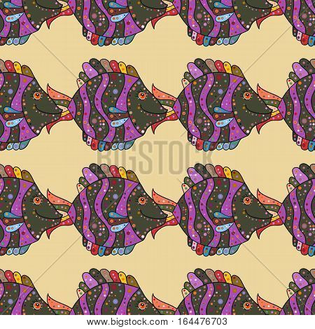 Drawn Cartoon Fish Seamless Pattern Nautical Vector Background. Abstract Yellow Fish In A Row On A Y