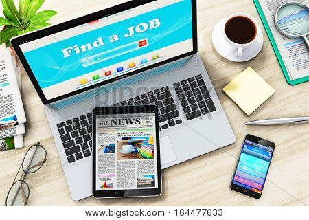 3D render illustration of the top view of laptop or notebook, tablet computer PC, smartphone or mobile phone, cup or mug of coffee, stack of newspapers, eyeglasses, financial report documents and pen on wooden office table