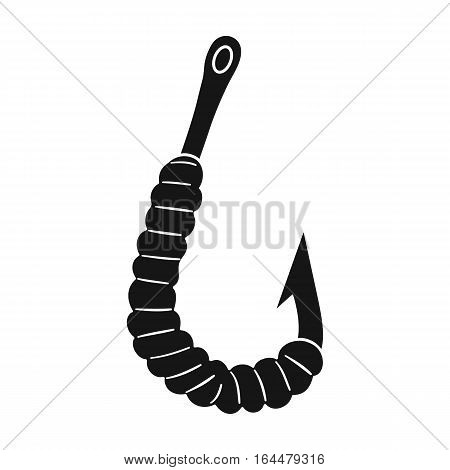 Worm on a hook icon in black design isolated on white background. Fishing symbol stock vector illustration.