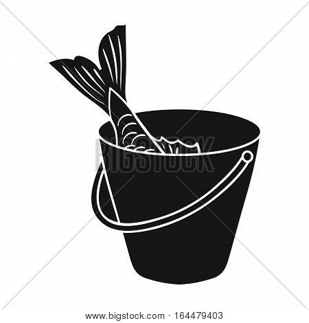 Fish in the bucket icon in black design isolated on white background. Fishing symbol stock vector illustration.