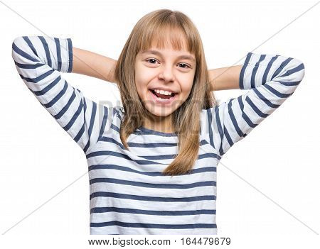Close-up emotional portrait of attractive caucasian girl. Face of a beautiful happy schoolgirl looking at camera. Funny cute laughing child, isolated on white background.