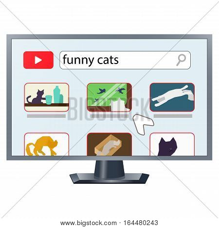 Realistic TV drawing with internet video streaming site opened showing cat videos and cursor. Cats throwing objects on the floor, watching birds. laying in cardboard box. Stock vector.