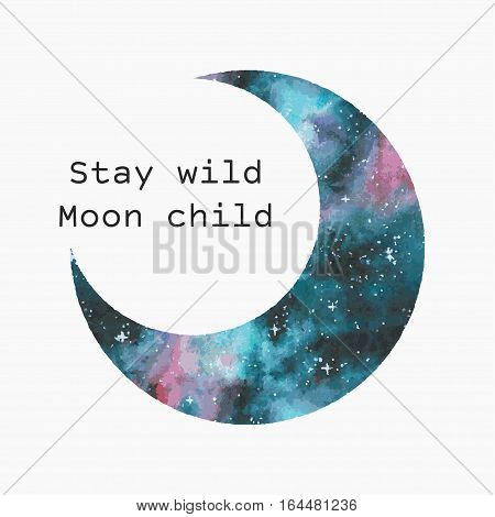 Watercolor moon silhouette with inspirational quote. Trendy vector print