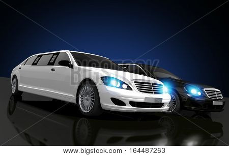 Limousines For Hire Conceptual 3D Rendered Illustration. Two Limousines Black and White on a Glassy Floor.