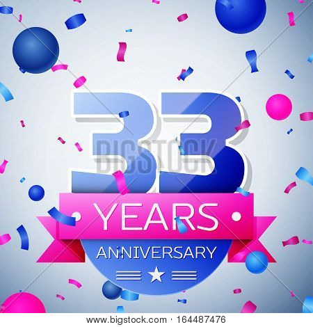 Thirty three years anniversary celebration on grey background. Anniversary ribbon