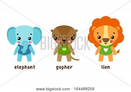Set of cartoon characters of wild animals in cloth. Jungle elephant with trunk or proboscis, safari lion with mane, happy and smiling gopher. Zoo and animal baby or kids with smiling faces theme