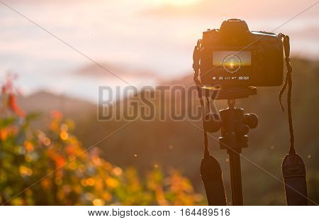 Closeup of a camera on a tripod outdoors. Background Landscape out of focus
