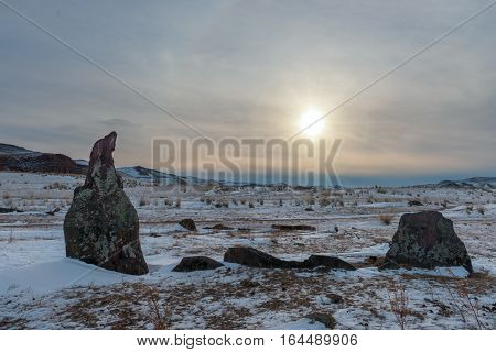 winter landscape in Siberia in Khakasia in Russia.