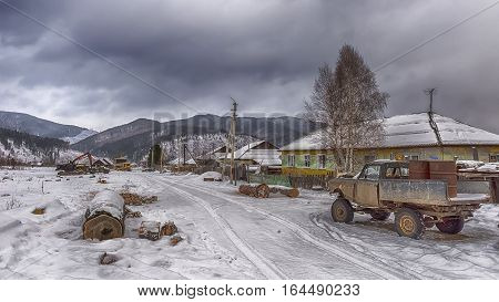 Siberian village in taiga in Khakasia in Russia