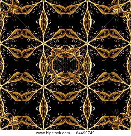 Seamless Vintage Pattern On Dark Blue Background With Golden Elements. Christmas Snowflake New Year.