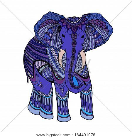 Indian Beautiful Elephant In Zentangle Ornament Asian Style. Ornate Elephant In Color Stylized Desig