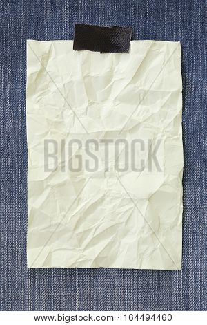 Note paper crumpled of empty and copy space on Denim backgroundYou can input the message text in picture.