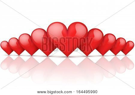 Realistic Red Romantic Hearts Background. Card and Invitation of Happy Valentines Day Greetings. Vector Illustration on white background