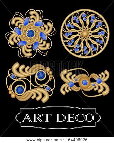 Set of gold filigree brooch with blue gems sapphire in art deco style. Round symmetric retro jewel from gold metal