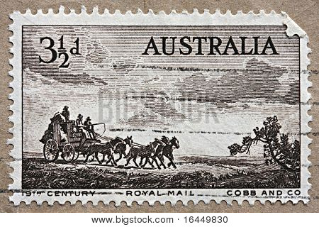 Austrálie - 1955: Australský poštovní známka s obrazem outback dostavník, cca 1955