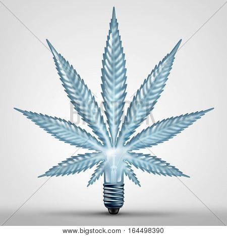 Marijuana idea concept and medical cannabis solution symbol as a light bulb shaped as an illuminated weed leaf as a recreational drug legalization and legislation as a 3D illustration.
