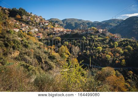 Scenic Mountain Autumn Landscape With  Village Langadia, Peloponnese, Greece