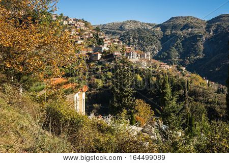 Scenic Mountain Autumn Landscape With  Village Langadia, Peloponnese, Greece