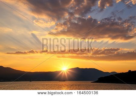 Sunrise Over Peljesac Peninsula And Peljeski Strait, Korcula, Croatia.