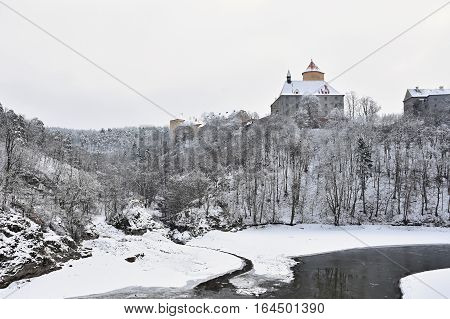 Winter Landscape With A Beautiful Gothic Castle Veveri. Brno City - Czech Republic - Central Europe.