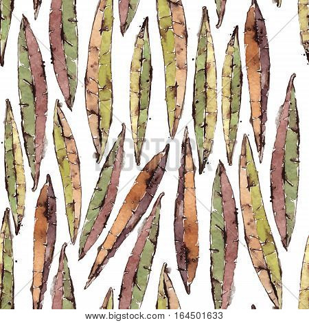Vector Seamless pattern with watercolor willow leaves. Isolated on White. Based on an original hand painted watercolors artwork.