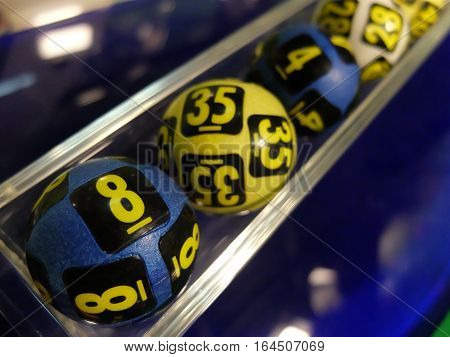 Image of lottery balls during extraction of the winning numbers.