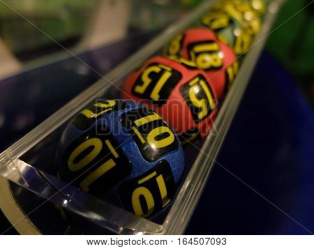 Image of lottery balls during extraction of the winning numbers.