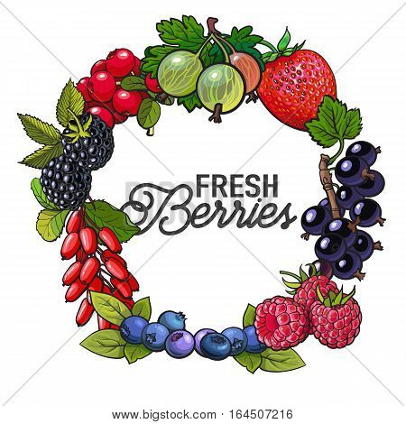 Round frame of garden berries with place for text inside, sketch style illustration isolated on white background. Blueberry, raspberry, current, cherry, plum frame, banner, poster, leaflet design