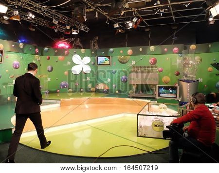 BUCHAREST ROMANIA - December 30 2015: TV studio for the extraction of the winning numbers before the New Year lottery.