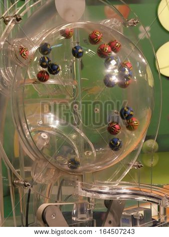 BUCHAREST ROMANIA - December 30 2015: Image of lottery balls during extraction of the winning numbers before the New Year.