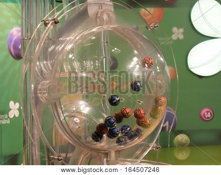 BUCHAREST ROMANIA - December 30 2015: Image of lottery balls during extraction of the winning numbers before the New Year.