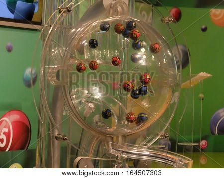 BUCHAREST ROMANIA - December 30 2015: Image of lottery balls during extraction of the winning numbers before the New Year.
