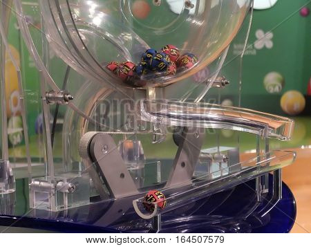 BUCHAREST ROMANIA - December 30 2015: Image of lottery balls during extraction of the winning numbers before the New Year.