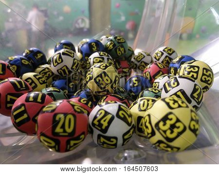 BUCHAREST ROMANIA - December 30 2015: Image of lottery balls during extraction of the winning numbers before the New Year.