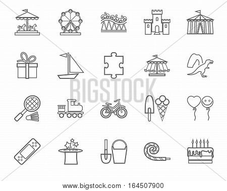 Children's games and entertainment, icons, gray, linear, vector. Vector icons of items and objects for children. Children's rest. Linear gray image on a white background.