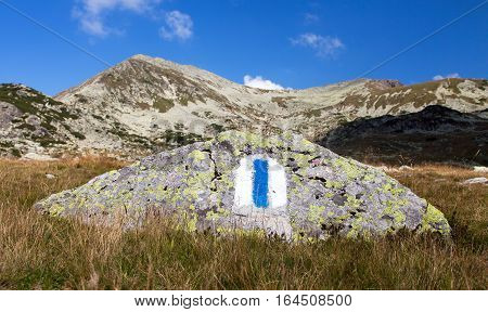 Blue and white turist sign on stone Retezat mountains Romania
