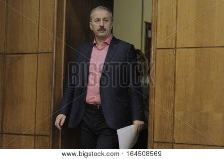 Bucharest Romania 5 December 2015: Romanian Vice Prime Minister and Minister of Regional Development and Public Administration Vasile Dincu speaks during a press conference at Bucharest Headquarters.