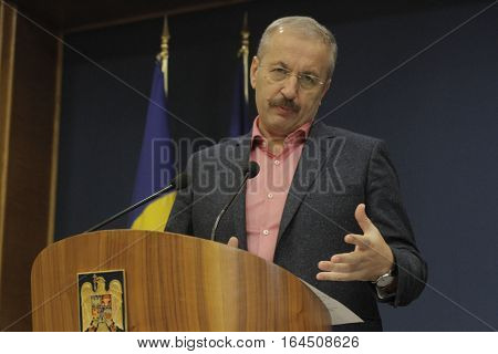 Bucharest Romania 5 December 2015: Romanian Vice Prime Minister and Minister of Regional Development and Public Administration Vasile Dincu speaks during a press conference at Bucharest Headquarters.