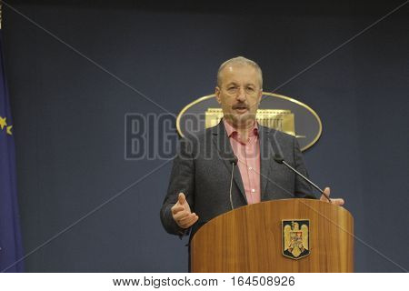 Bucharest Romania 5 December 2015: Romanian Vice Prime Minister and Minister of Regional Development and Public Administration Vasile Dincu speaks during a press conference at Bucharest Headquarters.