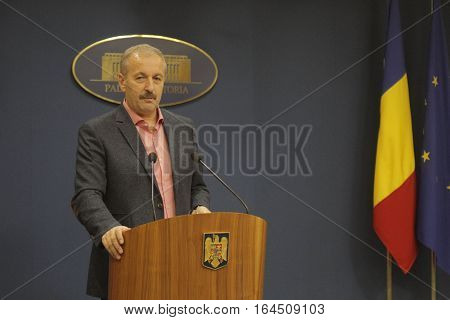 Bucharest Romania 5 December 2015: Romanian Vice Prime Minister and Minister of Regional Development and Public Administration Vasile Dincu speaks during a press conference at Bucharest Headquarters.