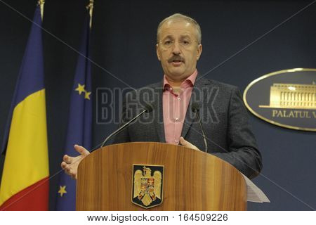 Bucharest Romania 5 December 2015: Romanian Vice Prime Minister and Minister of Regional Development and Public Administration Vasile Dincu speaks during a press conference at Bucharest Headquarters.