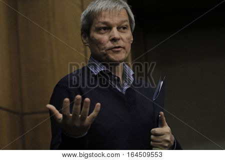 Romanian Prime Minister Dacian Ciolos holds a press conference after the first informal meeting of his cabinet at Victoria Palace in Bucharest capital of Romania Nov ember 21 2015.